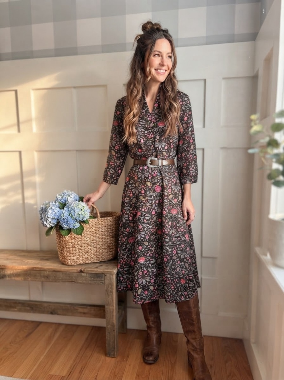 Floral Button-Front Silk Midi Dress in Black with Pink Accents Small